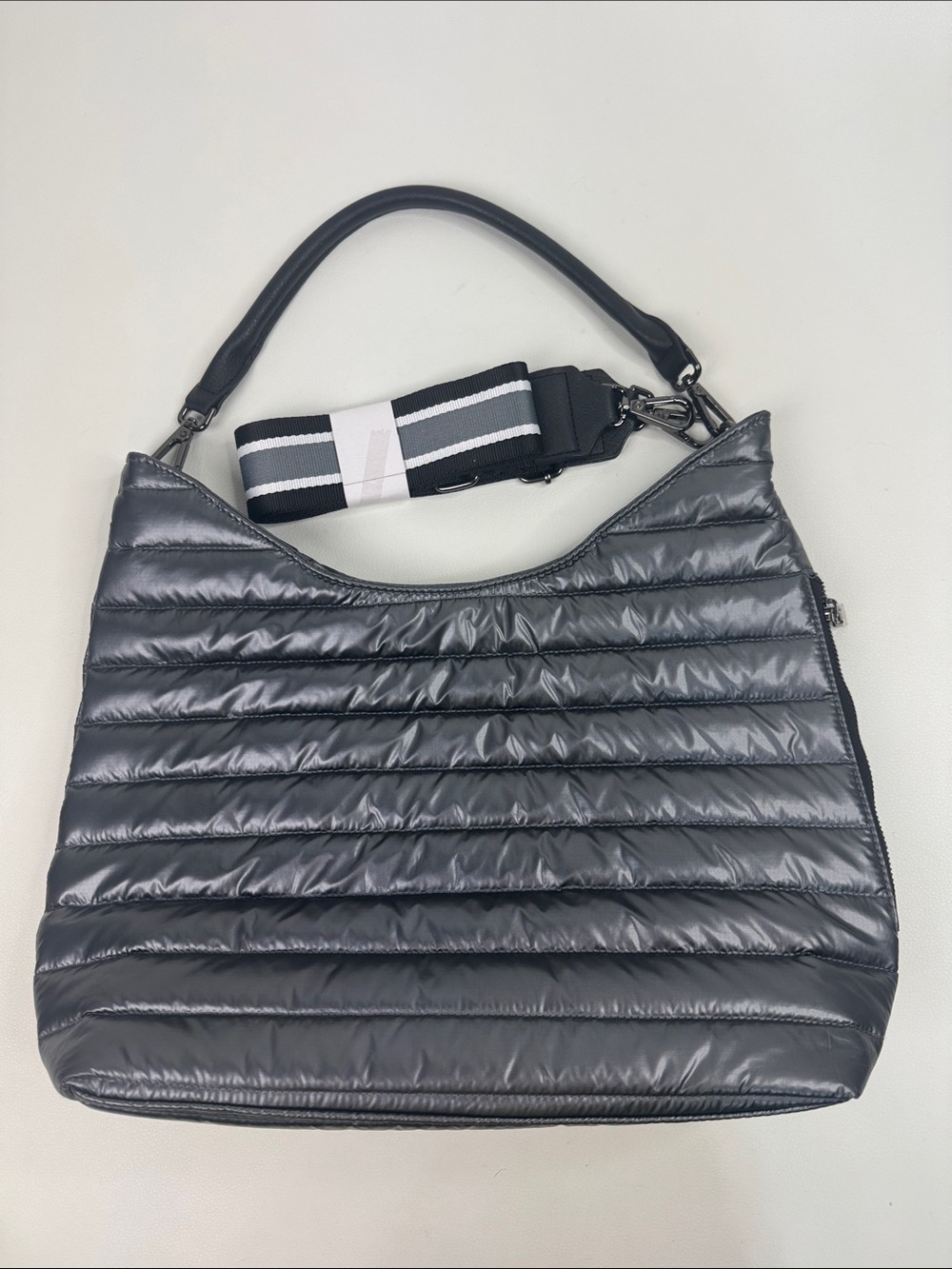 THINK ROYLN Quilted Nylon Hobo shoulder Bag in Silver Black stripe Strap NEW